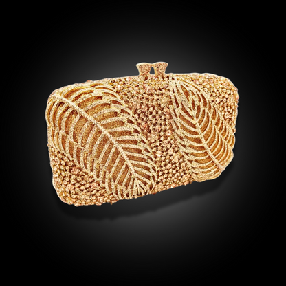 Elegant Champaign Gold Leaves crystal incrusted Clutch Evening Bags