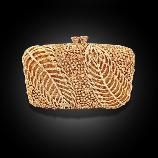 Elegant Champaign Gold Leaves crystal incrusted Clutch Evening Bags